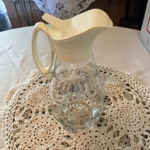 Log Cabin Syrup Pitcher Vintage 60s Clear Glass Ivory Top MCM Honey/Syrup